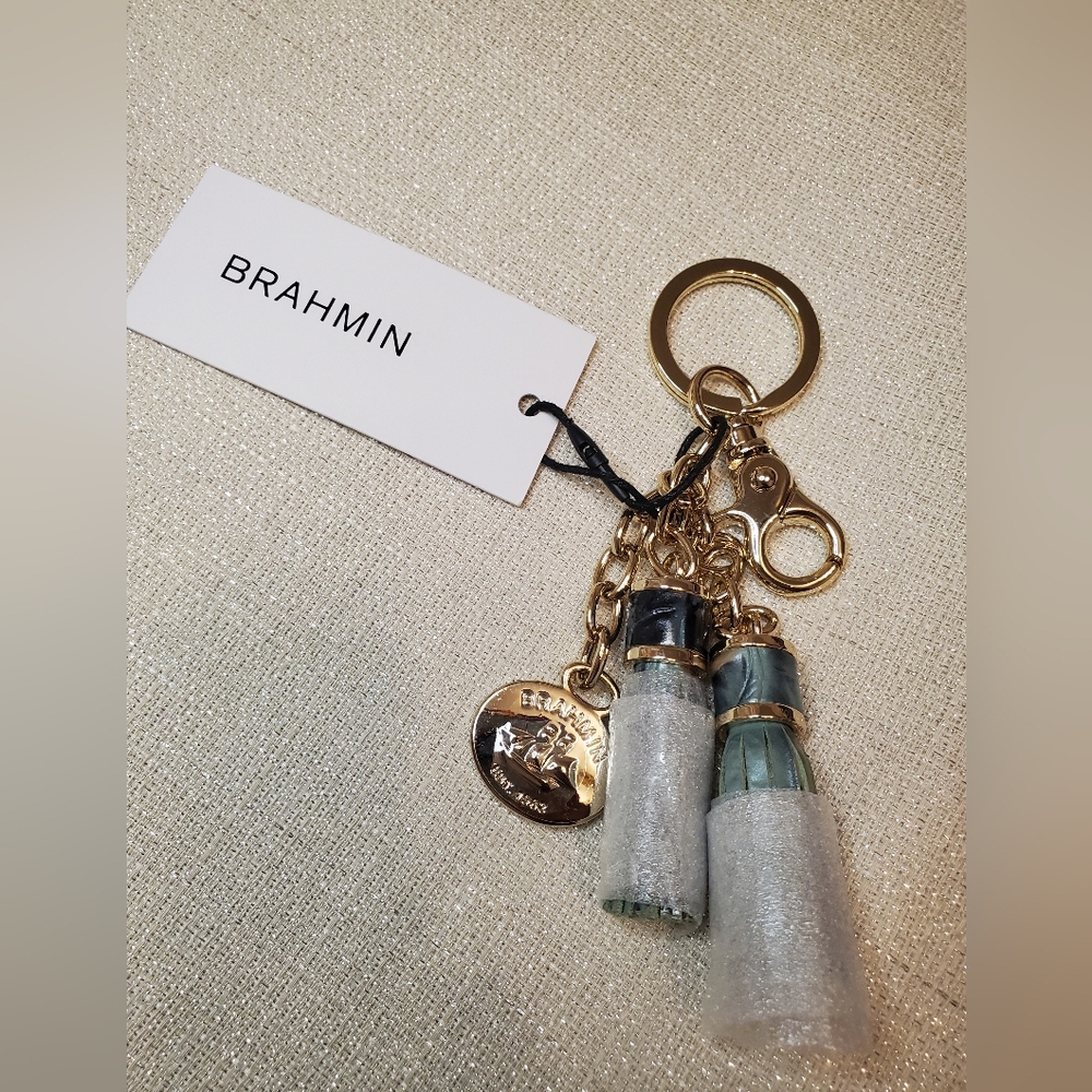 NWT Brahmin Obsidian Blue Double Tassel Key Ring Purse Charm Fob Rare HTF